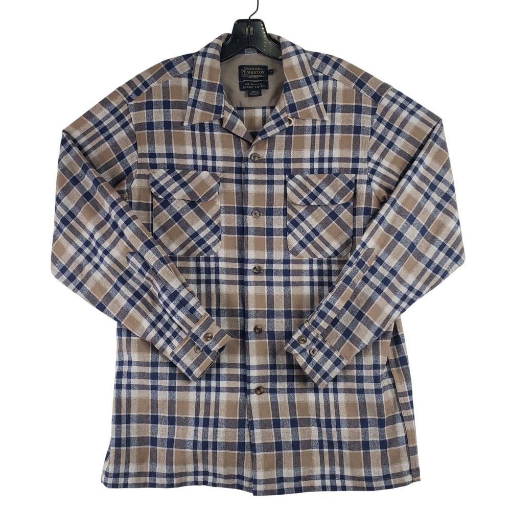 Pendleton The Original Board Shirt Mens M Brown Blue Wool Plaid Flannel Outdoor